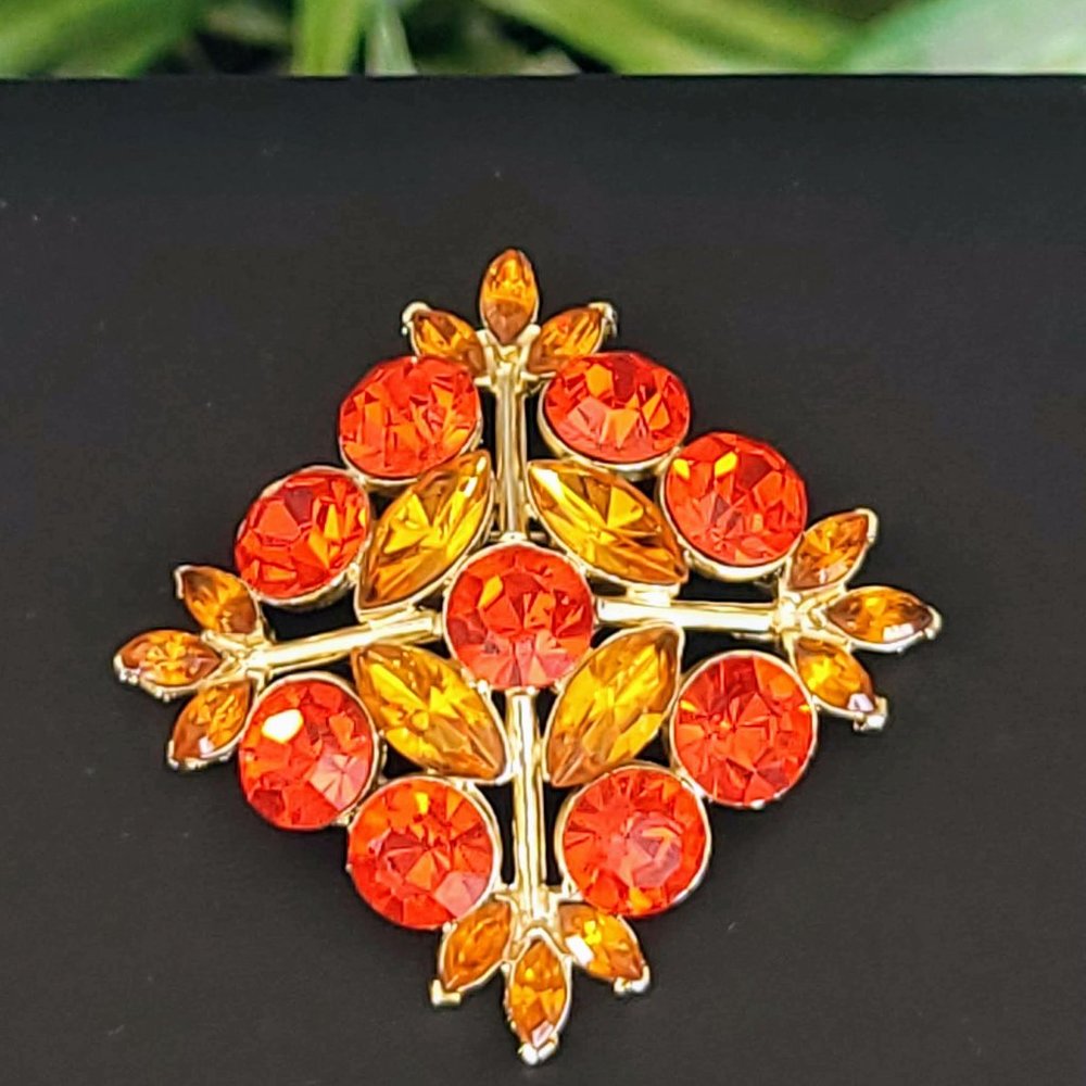 Vintage Edlee Orange Rhinestone Maltese Cross Brooch Pin